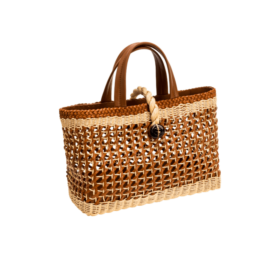 Almeria Camello Large Tote Bag with raffia design and leather trim, ideal for stylish everyday use or travel.