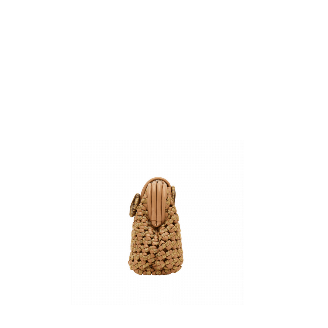 Aurnia Latte Mini Pouch Bag showcasing intricate handwoven basketry with a latte leather strap and embroidered coin detail.