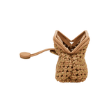 Aurnia Latte Mini Pouch Bag showcasing hand-woven basketry and leather strap, perfect summer accessory.