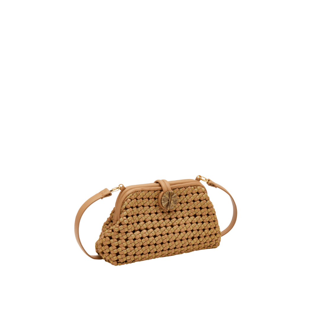 Aurnia Latte Mini Pouch Bag featuring intricate handwoven basketry and a leather strap for a stylish summer accessory.