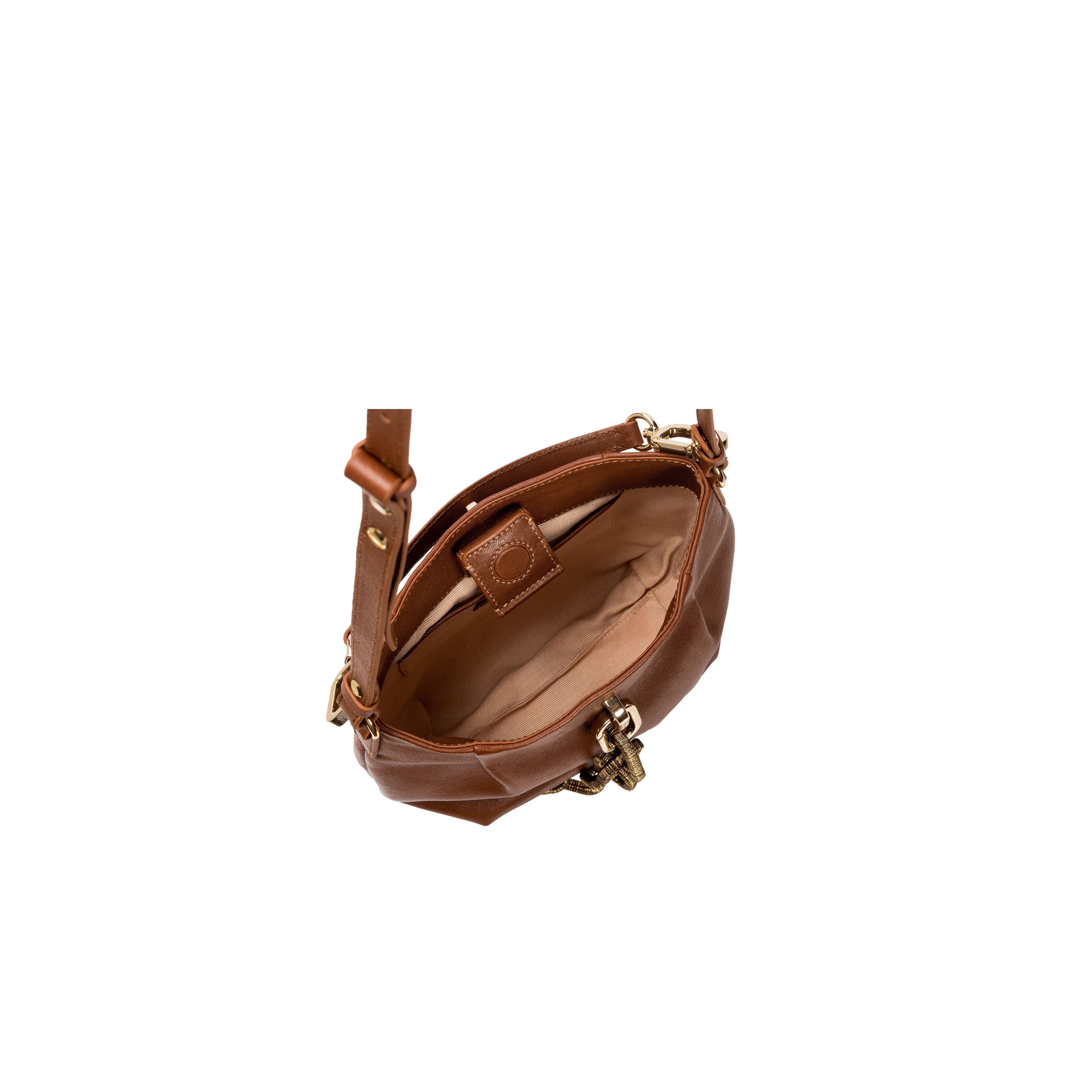 Catena Camello Small Shoulder Pouch, interior view showcasing supple leather and detachable straps for versatile styling.