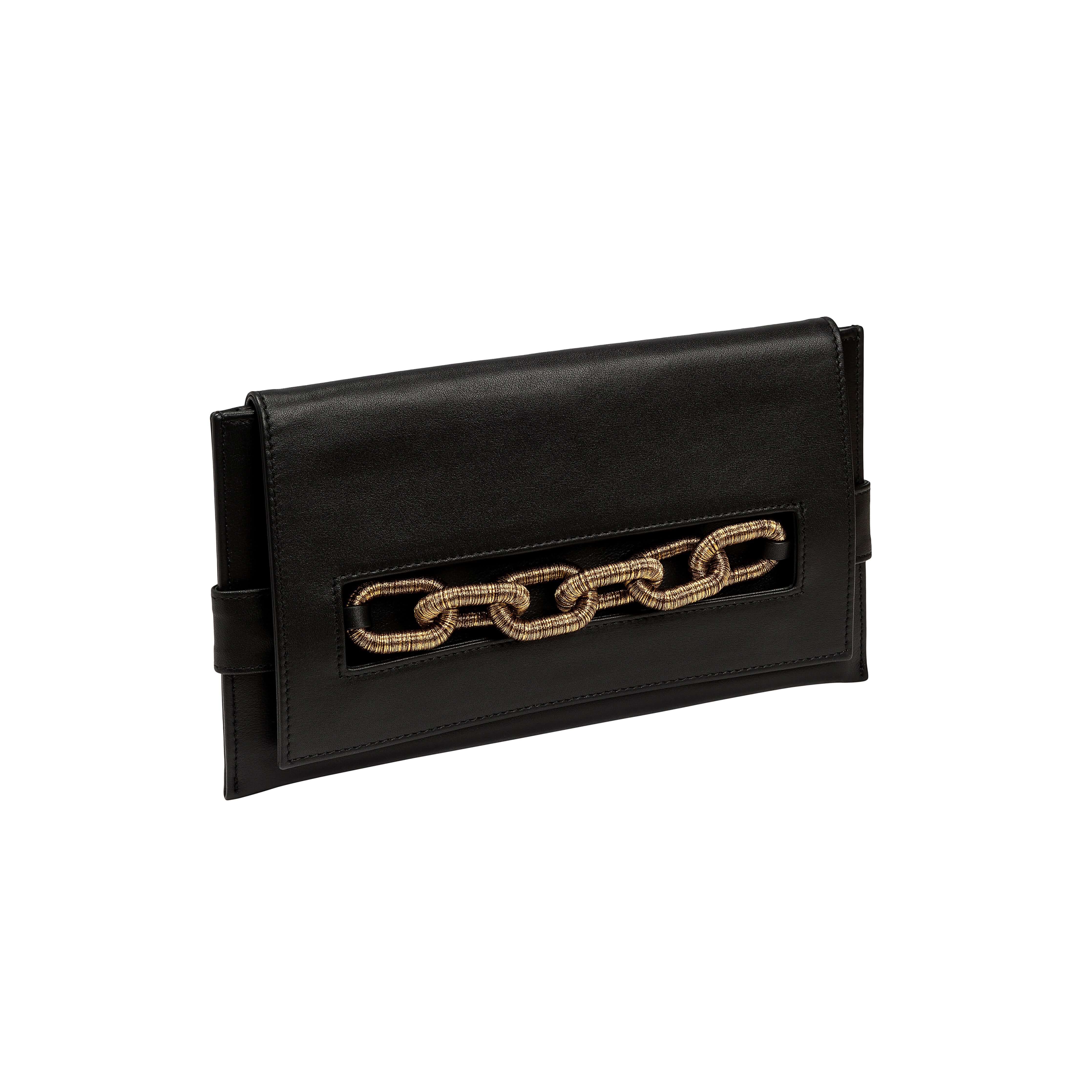 Catena Black Envelope Clutch crafted from Italian leather with antique gold chain embroidery, ideal for night outings.