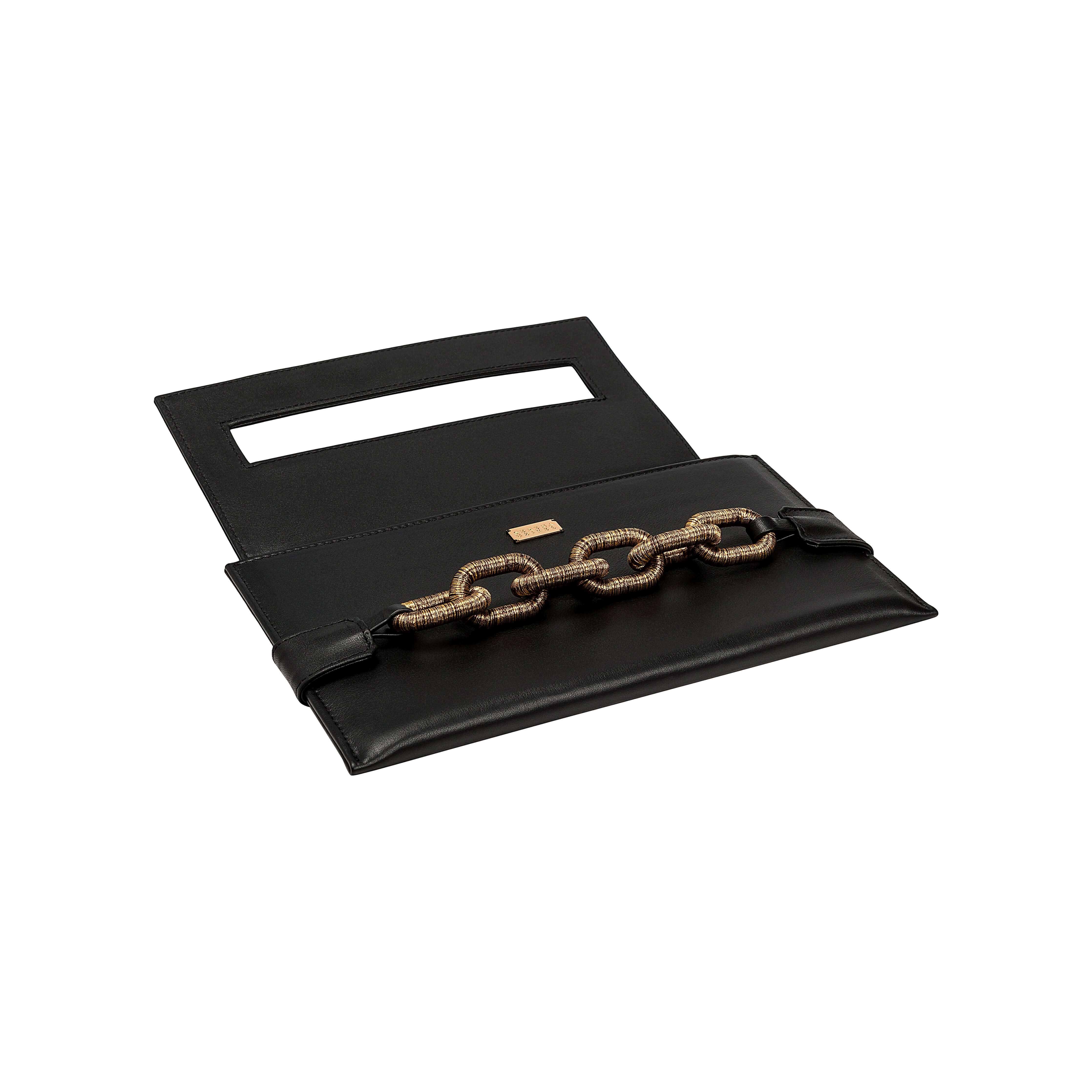 Catena Black Envelope Clutch, handcrafted Italian leather with antique gold chain, ideal evening accessory.