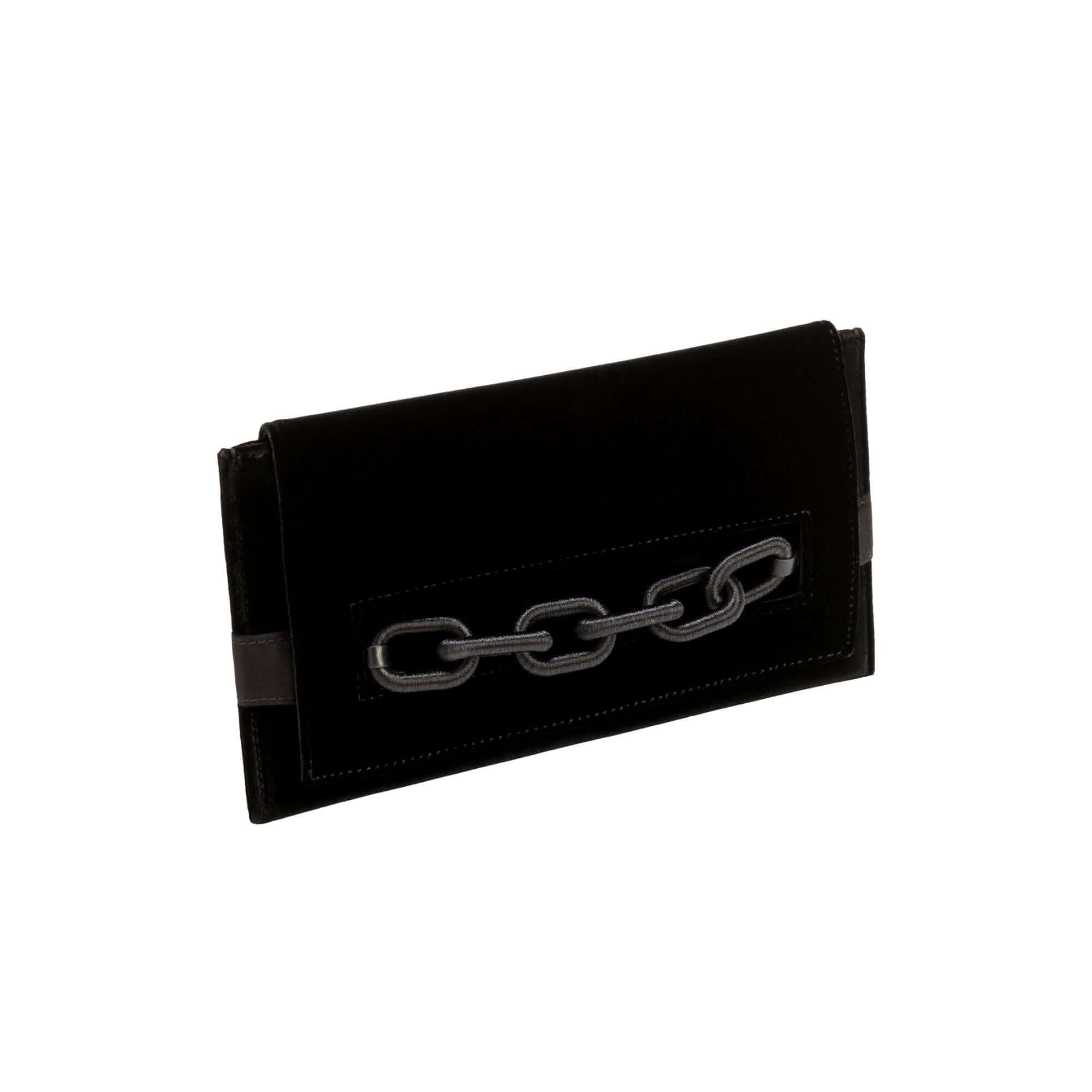 Catena Black Envelope Clutch, stylish velvet/matte black design featuring a chain embellishment.