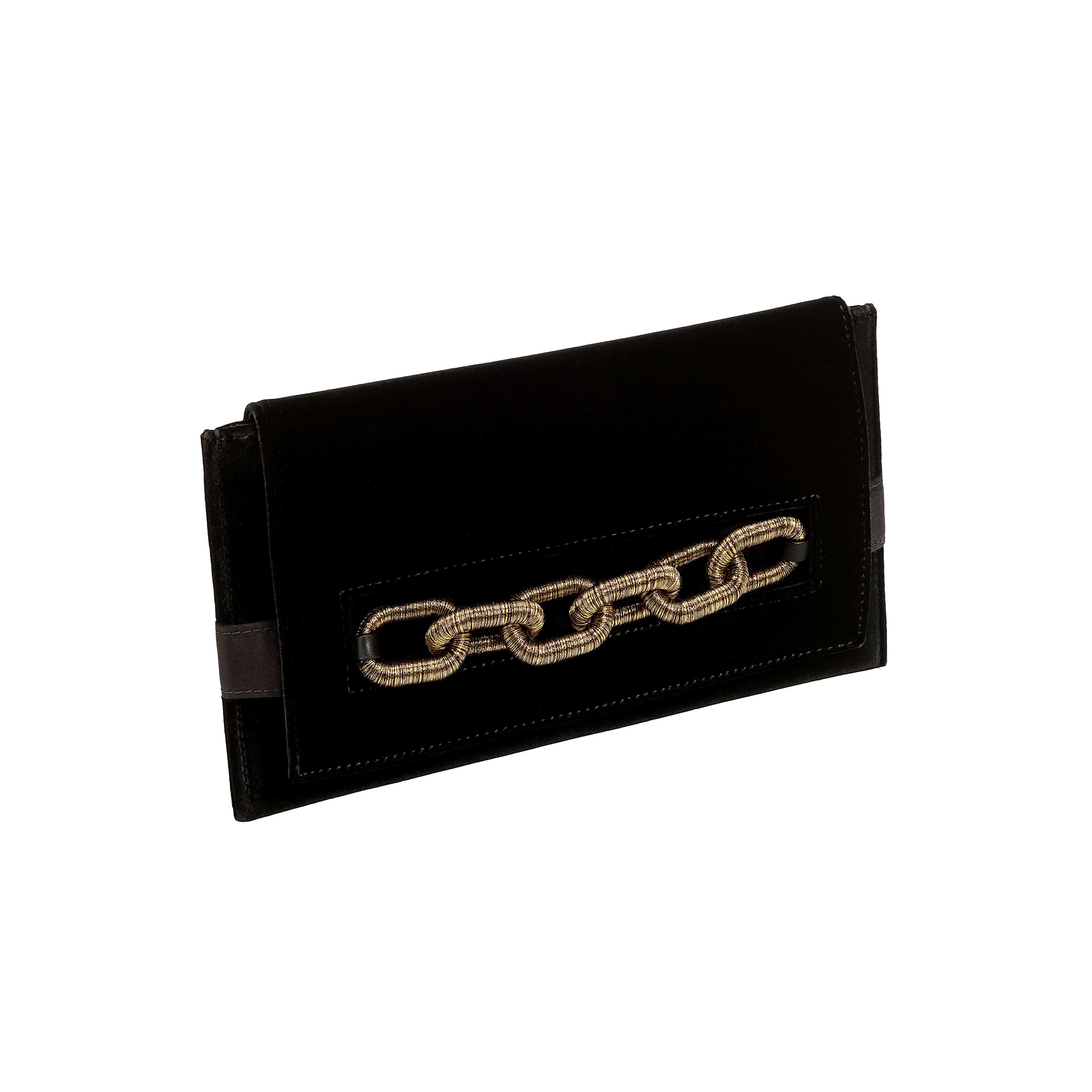 Catena Black Envelope Clutch featuring velvet fabric with antique gold chain detail, perfect for elegant evening outings.