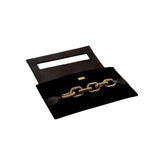 Catena Black Envelope Clutch made of velvet with antique gold chain detail, perfect for elegant occasions.