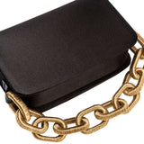 Catena Black Two-Sided Bag in luxurious black silk satin with a gold chain-link handle.