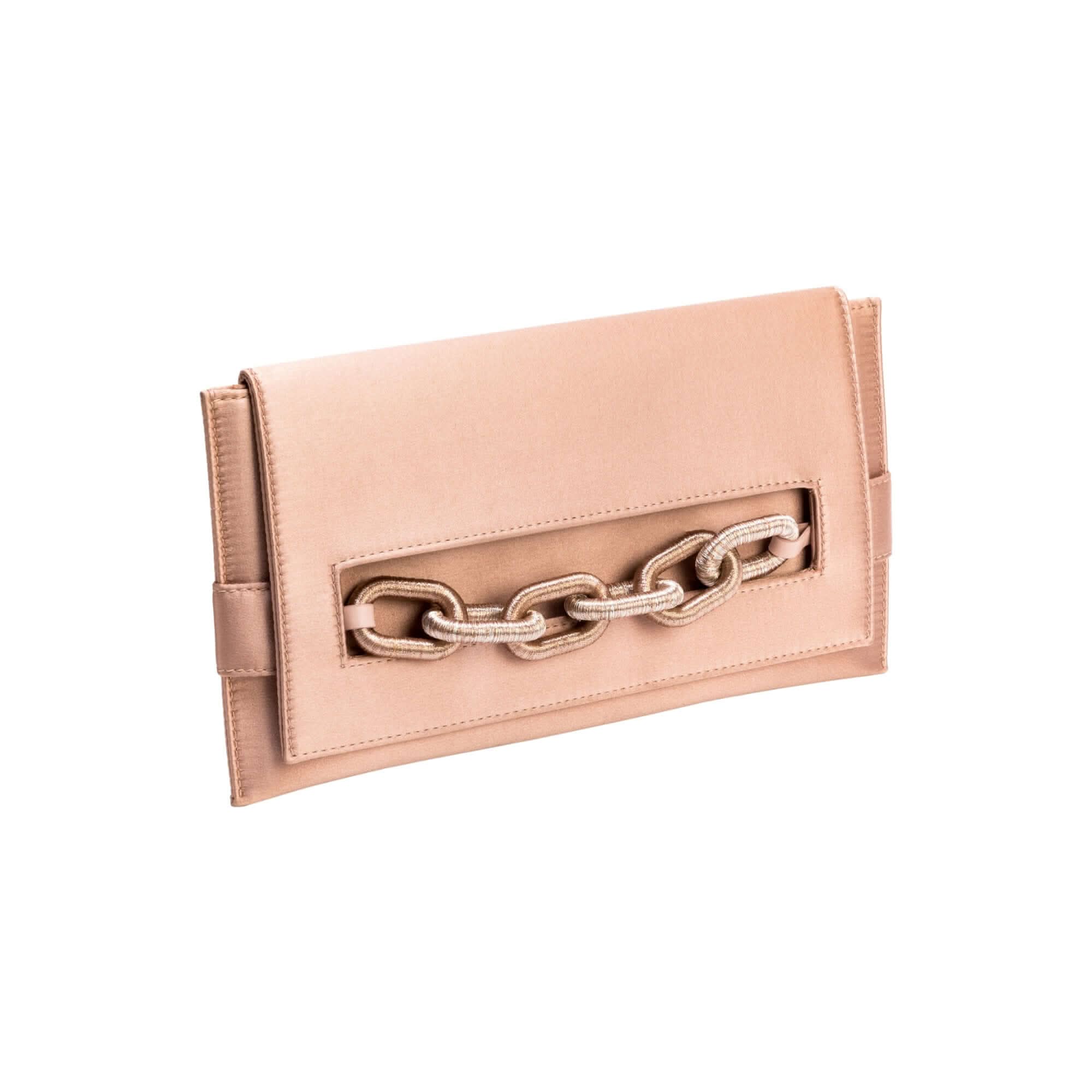 Catena Blush Envelope Clutch in silk satin with metallic blush chain detail, perfect for elegant outings.
