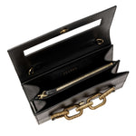 Elegant open Catena Day to Night Black Bag showcasing Italian leather and unique chain link design.