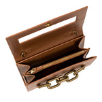 Interior view of Catena Day to Night Camello Bag, showcasing leather compartments and signature chain detail.