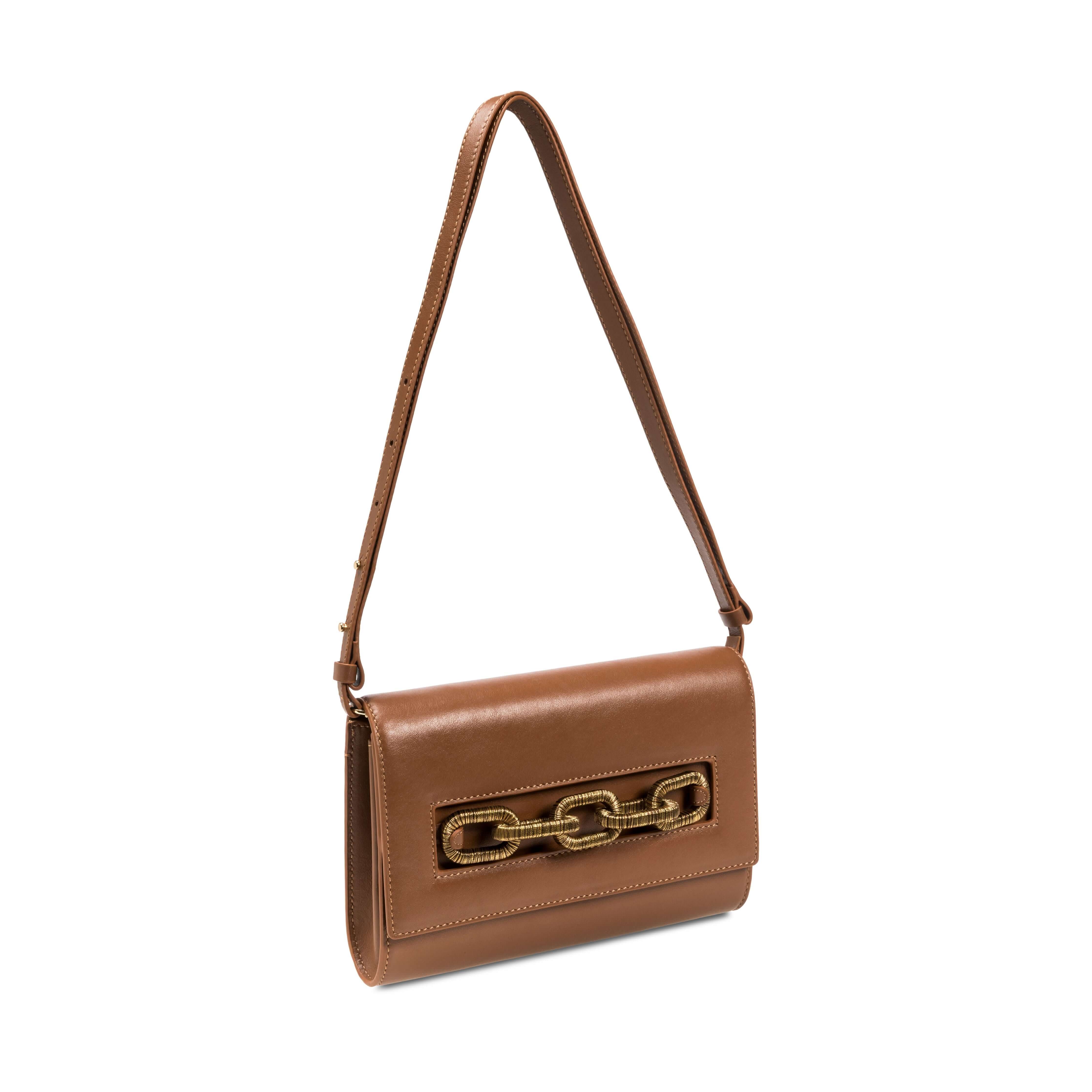 Catena Day to Night Camello Bag in luxurious Italian leather with gold chain link detail and adjustable strap.