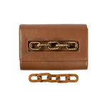 Catena Day to Night Camello Bag in luxurious brown leather with gold chain detail and top closure.