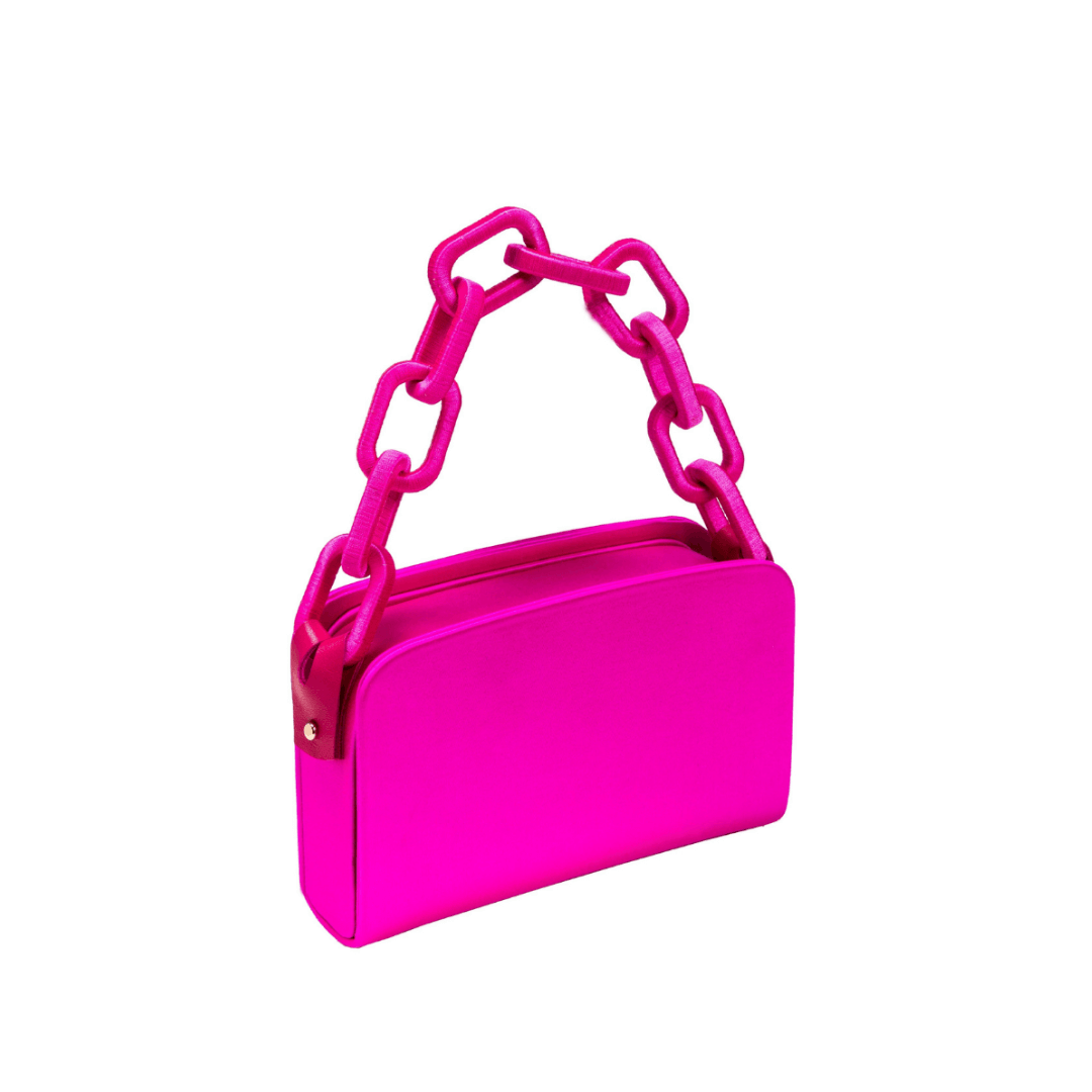 Catena Fuchsia Two-Sided Bag with metallic chain-link handle in luxurious pure silk satin.