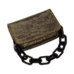 Catena Glitter Two Sided Bag featuring a metallic gold finish and a stylish black chain strap.