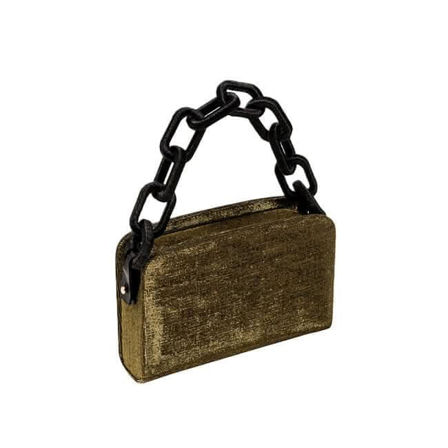 Catena Glitter Two Sided Bag with a stylish gold finish and bold black chain handle, perfect for elegant occasions.