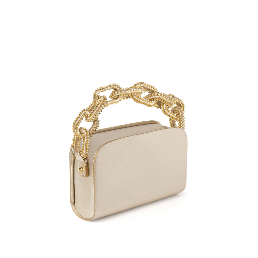 Catena Gold & Glam Two Sided Bag in luxurious Italian leather with a chain-link handle, featuring two independent compartments.