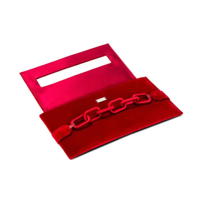 Catena Scarlet Envelope Clutch in handcrafted Italian velvet with a matte chain embroidery detail.