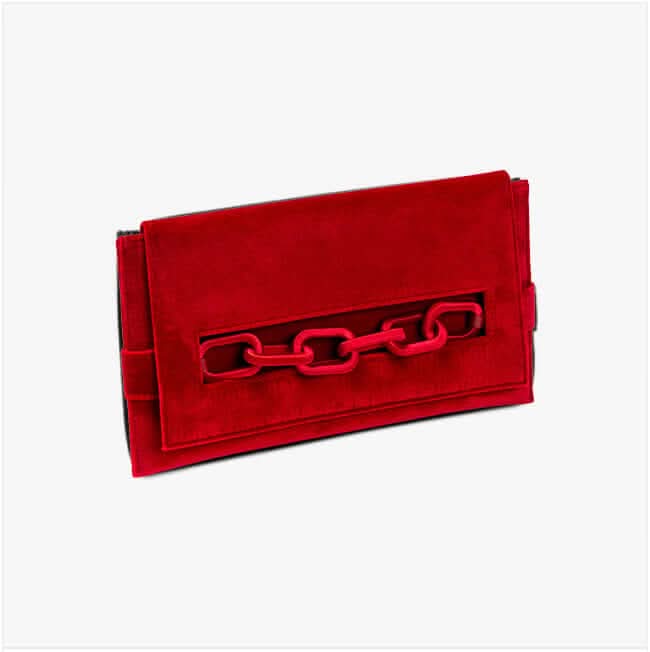 Handcrafted Catena Scarlet Envelope Clutch in red velvet with chain embroidery, perfect for elegant night outings.