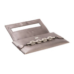 Catena Smoke Envelope Clutch in smoke satin with antique silver chain embroidery, perfect for evening elegance.