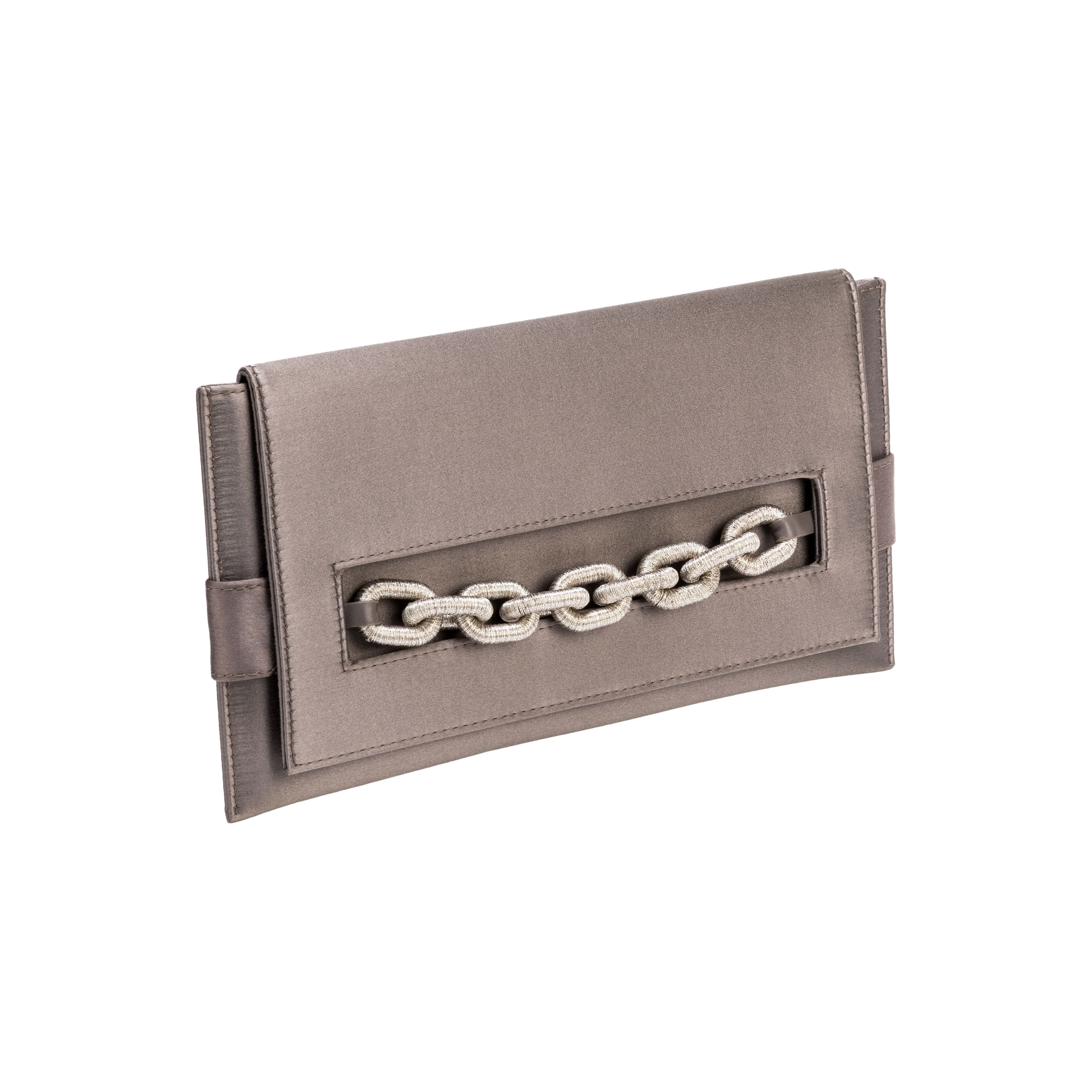 Elegant Catena Smoke Envelope Clutch in silk satin with antique silver chain embroidery, perfect for evening outings.