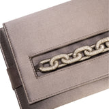 Catena Smoke Envelope Clutch in smoke silk satin with antique silver chain embroidery detail.