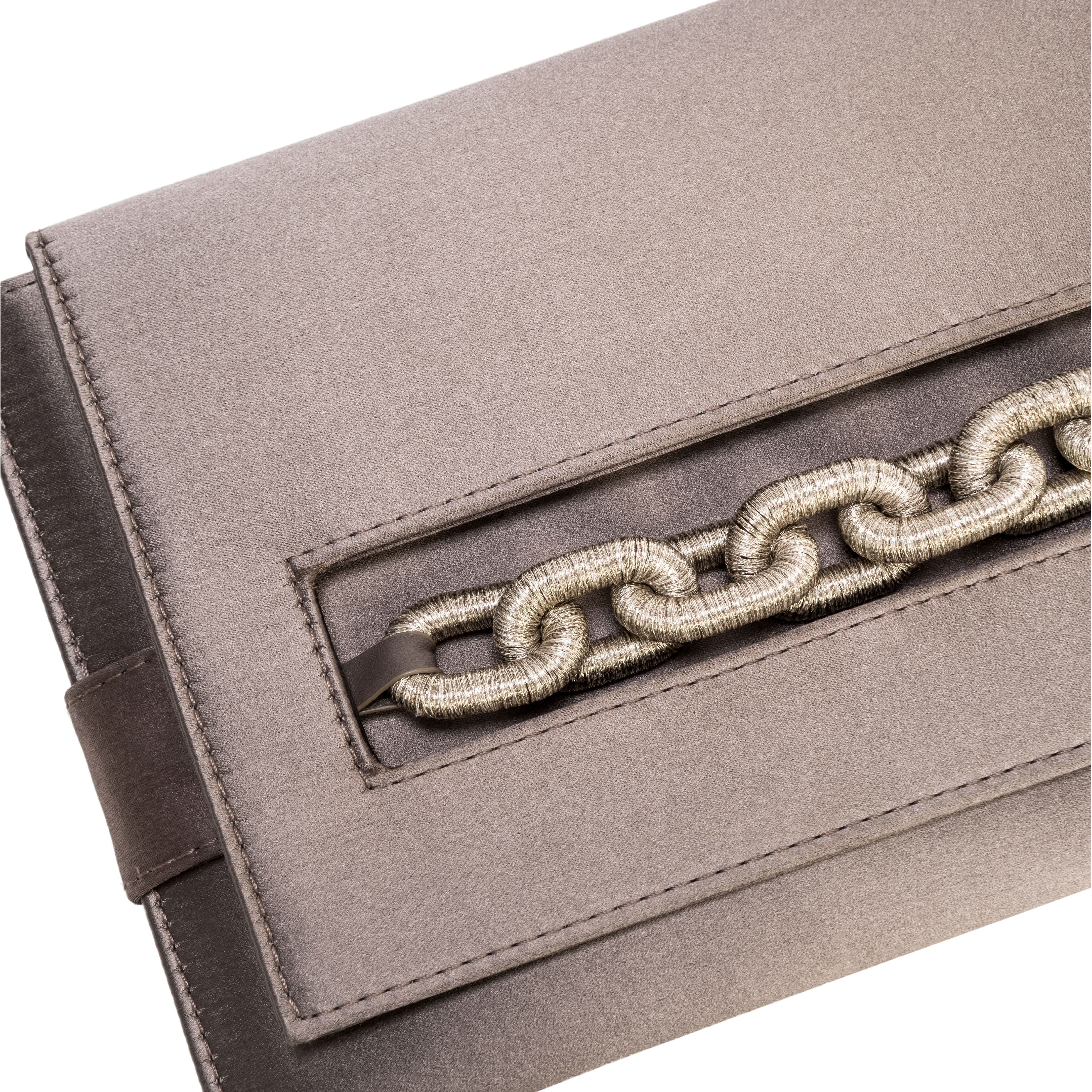 Catena Smoke Envelope Clutch in smoke silk satin with antique silver chain embroidery detail.