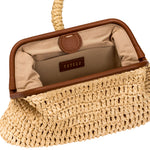Interior view of Delphine Natural Pouch Bag, featuring beige raffia and a luxurious leather trim.