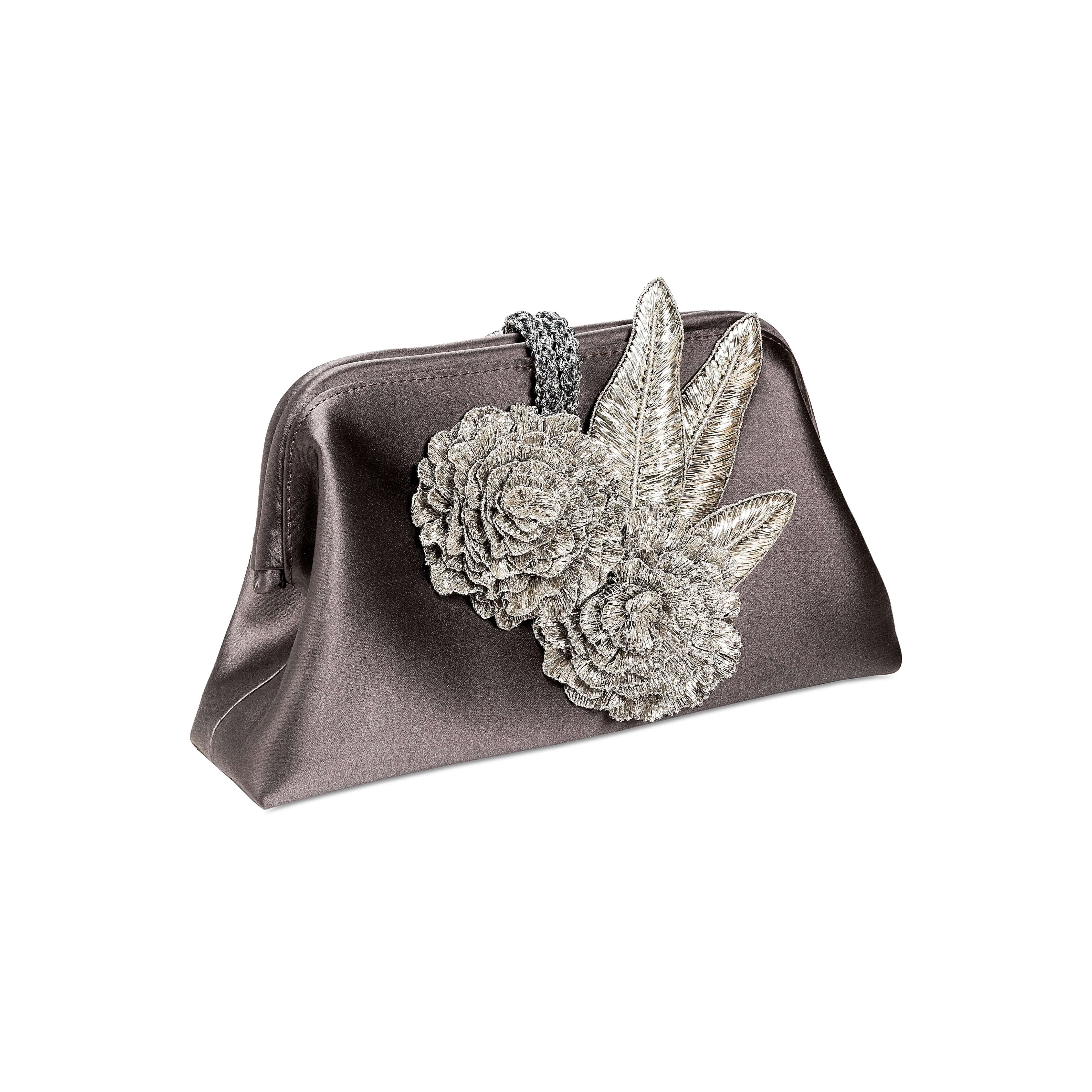 Fiora Electrum Pouch Bag featuring exquisite silver flower embellishments, perfect for elegant evening events.
