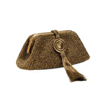 Lia Pouch Bag: Elegant woven clutch with gold-tone clasp and tassel, perfect for evening outings and stylish accessories.