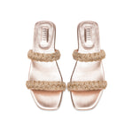 Ronda Blush Two Strap Flat Sandal with metallic braiding, elegant blush and silver tones, and refined block heel.