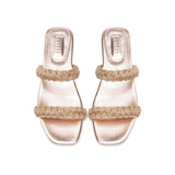 Ronda Blush Two Strap Flat Sandal with metallic braiding, elegant blush and silver tones, and refined block heel.