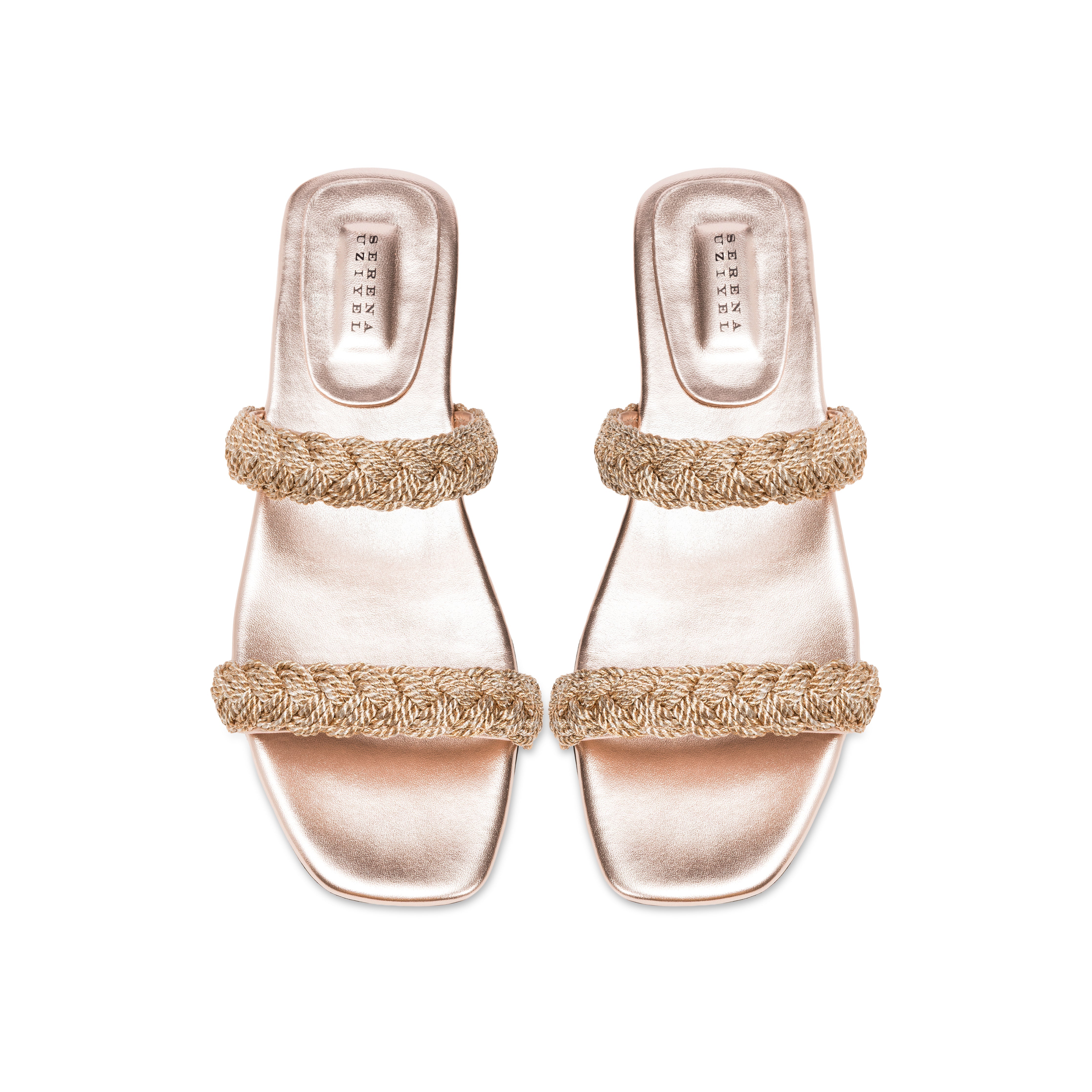 Ronda Blush Two Strap Flat Sandal with metallic braiding, elegant blush and silver tones, and refined block heel.
