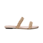 Ronda Blush Two Strap Flat Sandal with metallic braiding, featuring a refined block heel for elegant comfort.
