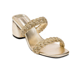 Ronda Sahara Two Strap Sandal in mekong gold with metallic braiding and block heel for elegant day-to-evening wear.