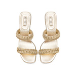 Ronda Sahara Two Strap Sandal in mekong gold with metallic braiding and block heel, perfect for day to evening wear.