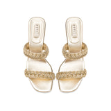 Ronda Sahara Two Strap Sandal in mekong gold with metallic braiding and block heel, perfect for day to evening wear.