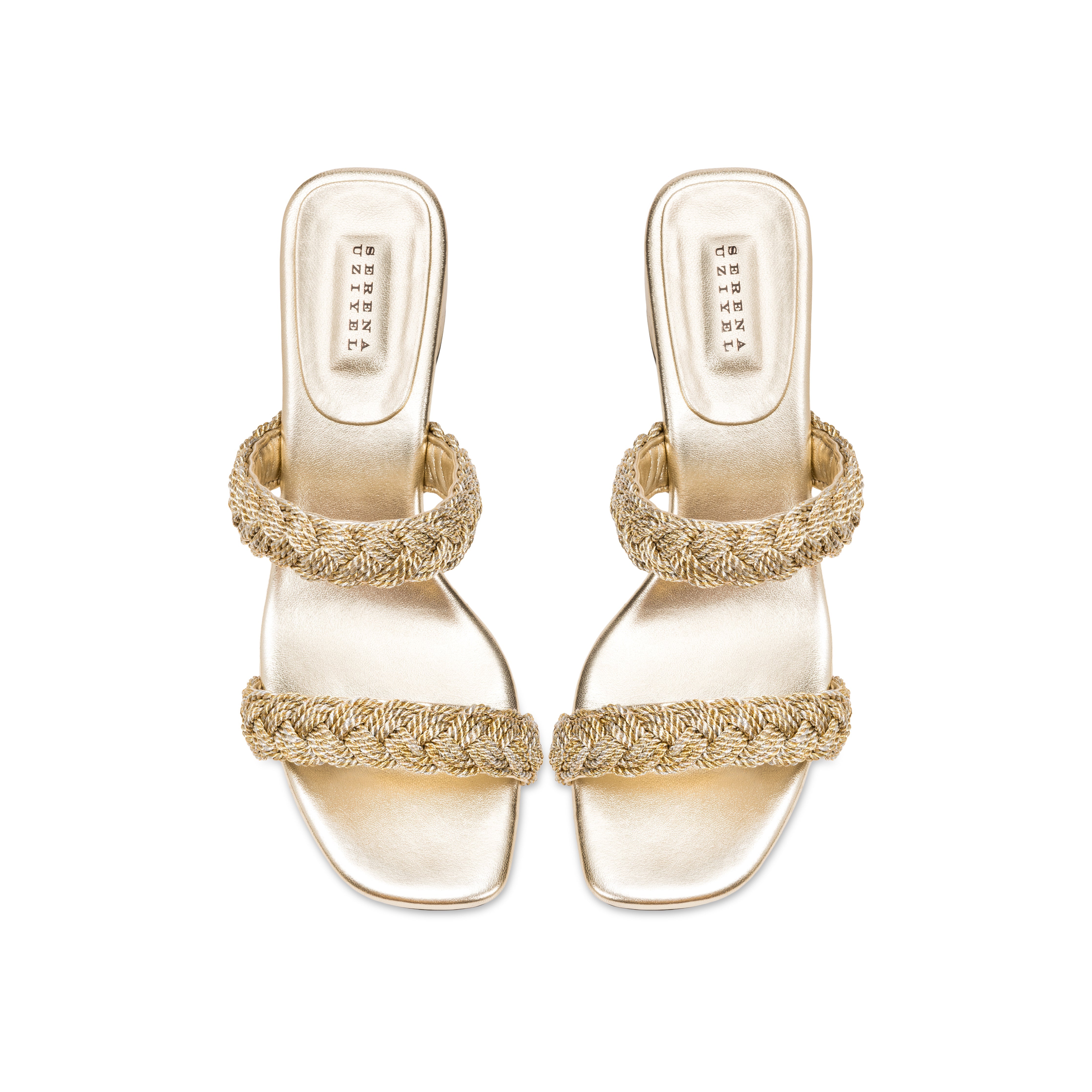 Ronda Sahara Two Strap Sandal in mekong gold with metallic braiding and block heel, perfect for day to evening wear.