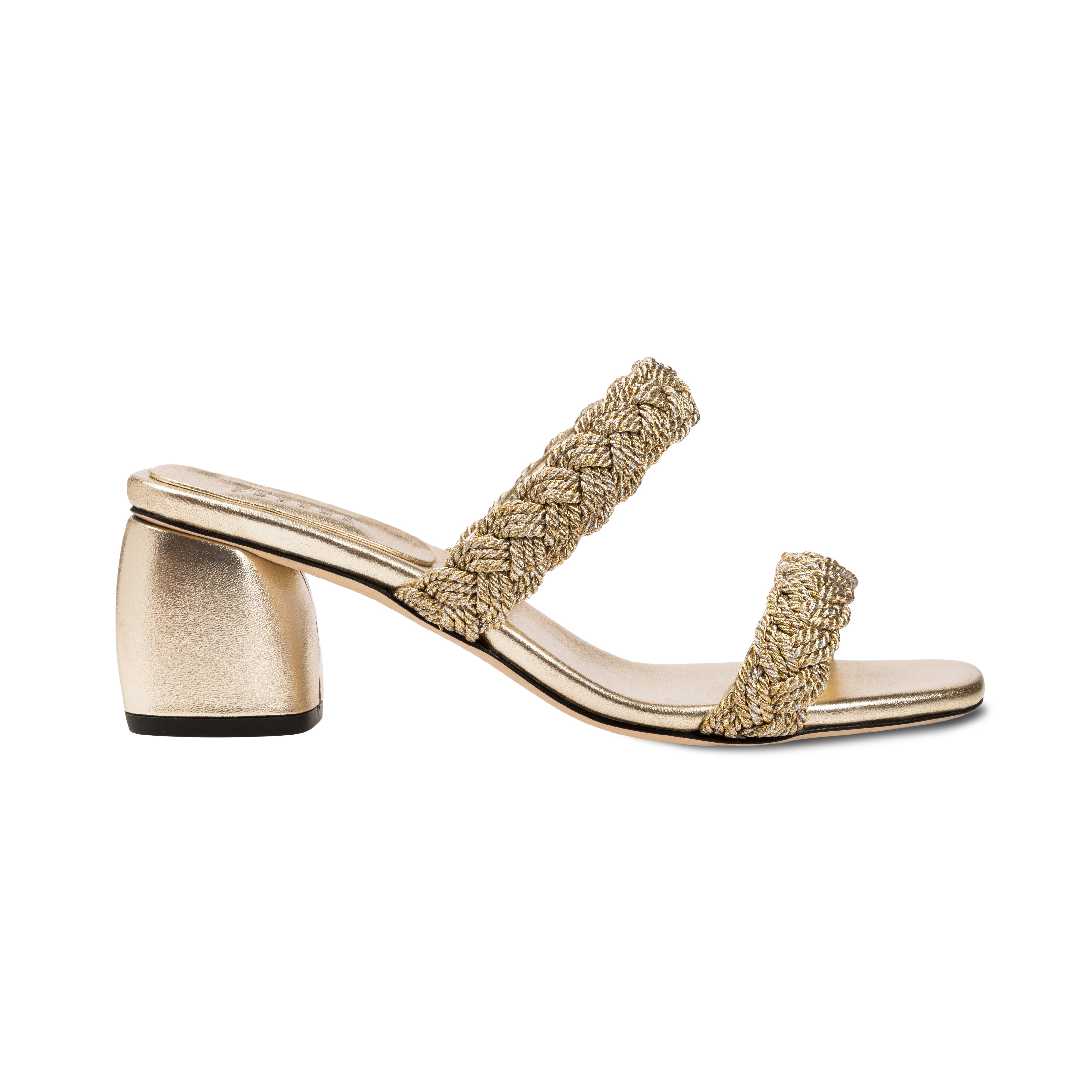 Ronda Sahara Two Strap Sandal with metallic braiding and block heel, perfect for day-to-night elegance.