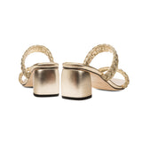 Back view of Ronda Sahara Two Strap Sandal featuring metallic braiding and a stylish block heel in mekong gold.